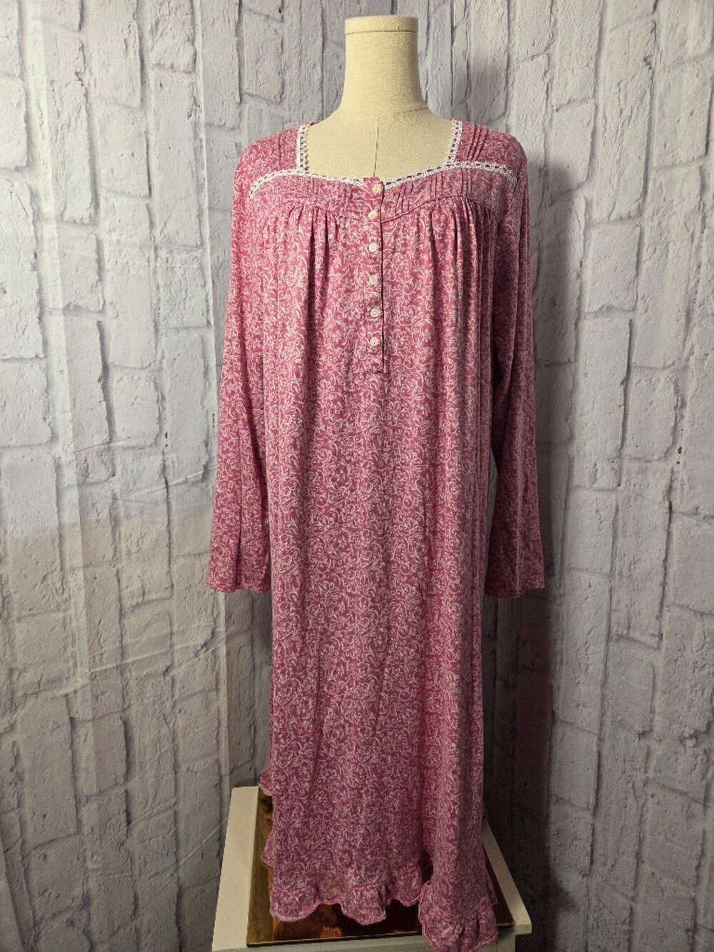 Pink White Paisley Print Longsleeve Fall Winter Nightgown (FLAW)